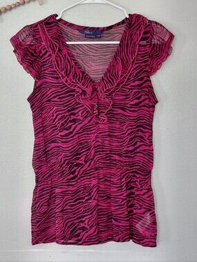 Miley Cyrus Max Azria Y2K Semi Sheer Zebra Hot Pink Cinch Waist Ruffle Blouse